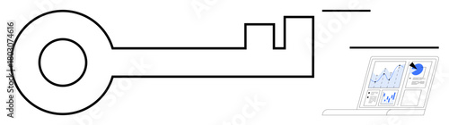 Outline of a key connecting to a laptop displaying data charts and analysis visuals. Ideal for business strategy, security, innovation, analytics, problem-solving, data access, and technology as