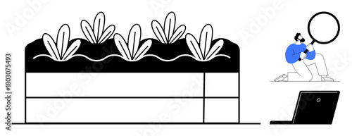 Man studies plant growth in layered soil using a magnifying glass and a laptop. Ideal for agriculture, research, sustainability, innovation, analysis, technology, education. Simple flat metaphor