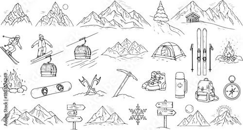 Mountain  Winter Sports Hand-Drawn Doodle Set: Skiing, Snowboarding, Hiking, Camping Gear, Nature Elements, Adventure Icons, and Mountain Landscapes Sketch Collection.