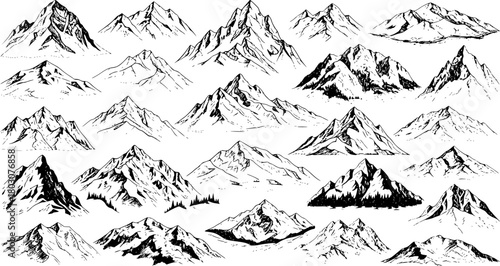 Set of Hand-Drawn Mountain Sketches: Diverse Peaks, Alpine Landscapes, and Summit Silhouettes in Black and White