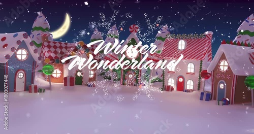 Winter Wonderland title glowing, snowflake sparking sparkles, camera retreating revealing candyland