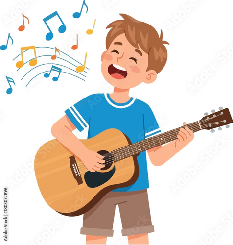 Happy child playing guitar and singing with music notes