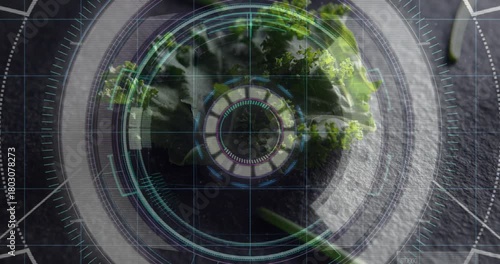 HUD appearing, scanning kale leaf with rotating ring segments and cyan streaks, inspecting texture