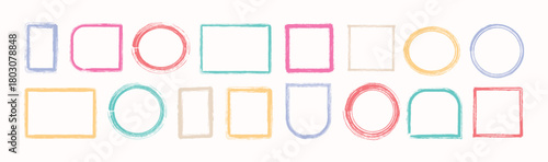 Set of Grunge color frame set. Box, square, rectangle, circle shape brush pen line stroke scribble element. Hand drawn simple oval, square frame for text border. Vector illustration