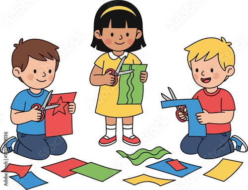 Kids cutting paper shapes for art and craft project