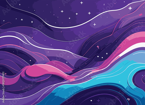 Abstract cosmic landscape with swirling purple, pink, and blue waves and stars space