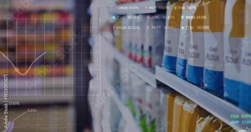 HUD activating overlays on left, animating grids, line graphs, labels, visualizing shelf stock