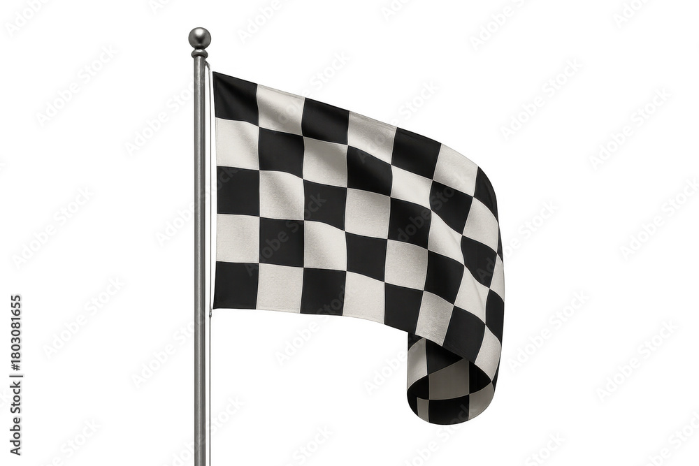 Obraz premium Checkered flag waving on a pole, symbolizing victory, finish line, racing, competition, and reaching a goal, transparent background