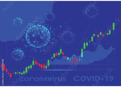 Abstract vector graphic of viral particles on a blue background with a rising stock market candlestick chart illustrating financial impact