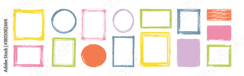 Set of Hand drawn border frame. Stroke outline grunge frame set. Doodle bold brush crayon pencil box, chalk texture square border. Cute cartoon paint frame circle, square background design. Vector