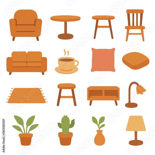 Warm Interior Elements: A collection of meticulously crafted, warm-toned furniture and decor items, ideal for illustrating cozy and inviting living spaces.