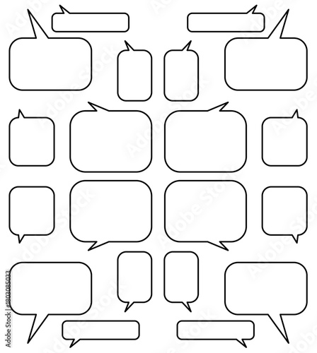 角丸長方形の吹き出しセット（黒線,白塗り）