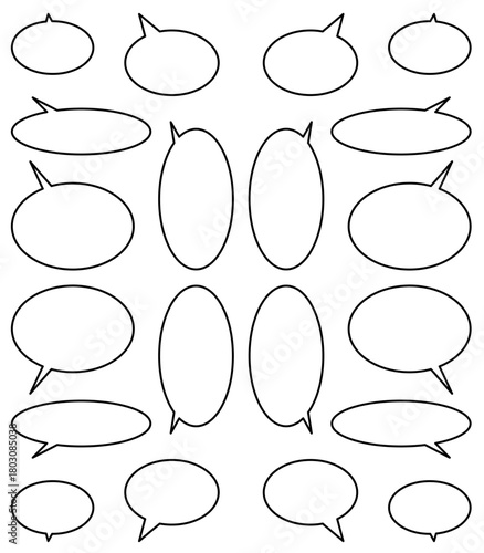 楕円形の吹き出しセット（黒線,白塗り）