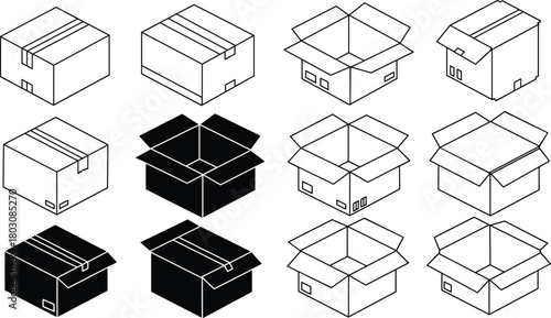 Isometric cardboard box icons, packaging design set, open and closed boxes, shipping container graphics, logistics symbols, vector illustration collection