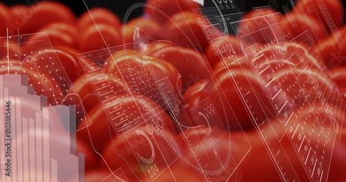 Tomato cluster filling view, camera pan starting light HUD panels sliding, bars rising showing data