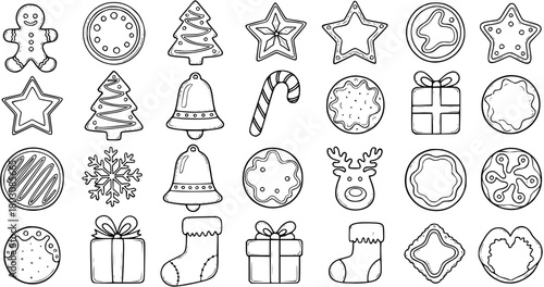 Hand-drawn Christmas Gingerbread Cookies and Holiday Elements Icon Set. Black and White Outline Collection of Xmas Sweets, Stars, Trees, Reindeer, Bells, and Gifts.