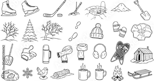 Hand-drawn Winter Collection: Doodle Icons and Objects for Cold Season Activities, Sports, and Apparel. A Set of Sketchy Illustrations.