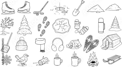Winter season elements and activities doodle collection. Hand-drawn line art icons featuring ice skates, snow, trees, campfire, mittens, shovel, snowshoes, chalet, ice fishing, hot drinks.