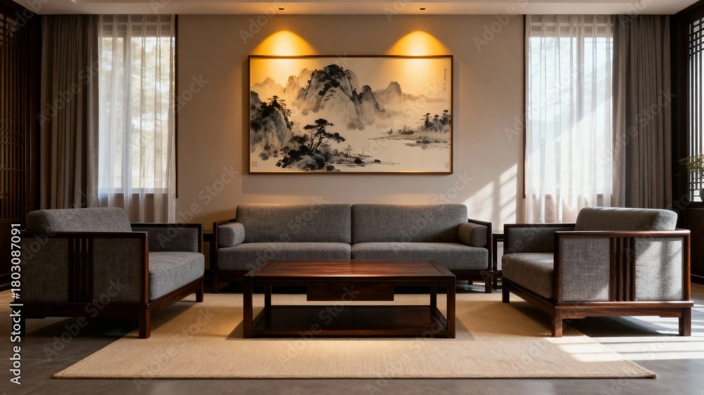 Fototapeta premium Modern living room with minimalist furniture and traditional artwork