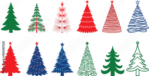 Collection of Christmas trees in various artistic styles, perfect for festive decorations and seasonal designs