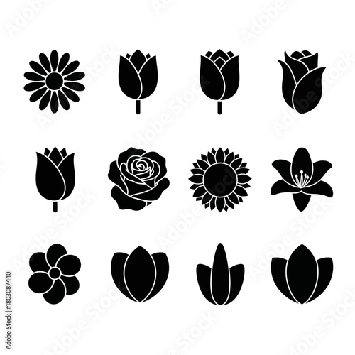 Collection of floral black silhouettes featuring tulips, daisies, sunflowers, and assorted blossoms
