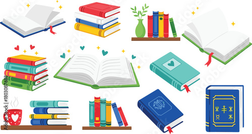 Collection of illustrated books, stacks, shelves, open books with bookmarks, heart decorations
