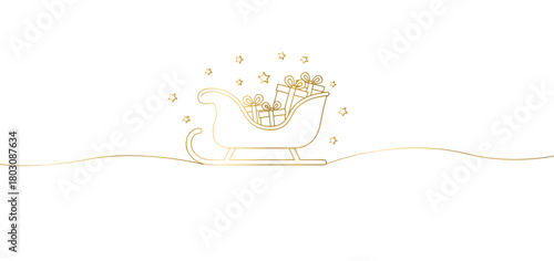 Golden Sleigh with Gifts and Stars A Festive Christmas Illustration on a White Background
