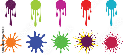 Dynamic collection of vibrant paint drips and expressive splatters, ideal for adding a burst of color and artistic flair to various creative design projects and graphic elements