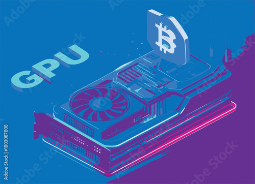Isometric graphic processing unit with Bitcoin symbol and GPU text graphics card