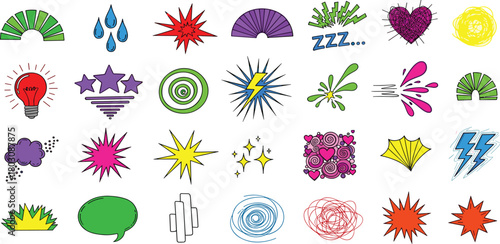 A vibrant collection of hand-drawn doodle icons, pop art explosions, and comic book elements for creative design