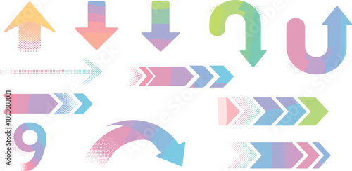 A vibrant and versatile collection of pastel gradient arrows pointing in various directions, ideal for enhancing graphic design projects, web navigation, or as stylish decorative accents