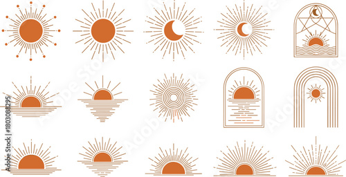 Boho Celestial Sun and Moon Icon Collection - Minimalist Vector Illustrations of Sunrise, Sunset, and Cosmic Arches for Spiritual Design, Astrology, and Nature Graphics