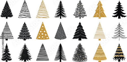 Collection of twenty-one stylized Christmas tree icons in black and gold, a diverse set of graphic winter holiday symbols for festive design projects