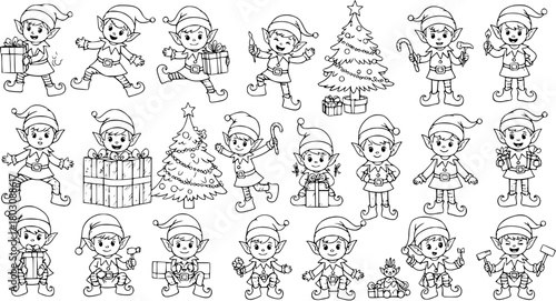 Cute Christmas Elves Line Art Set. Adorable Cartoon Xmas Workshop Helpers in Various Poses with Gifts, Tools, and Tree. Black and White Outline Vector Illustration for Coloring.