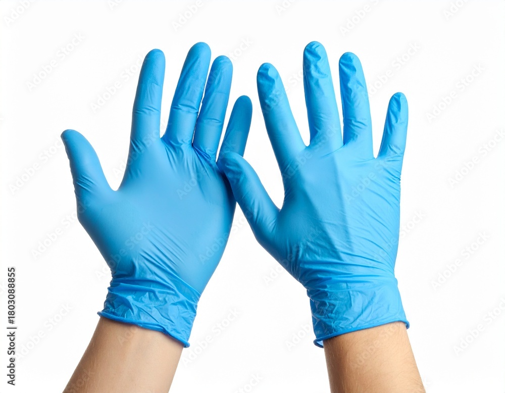 Obraz premium A pair of hands wearing light blue medical gloves, showcasing cleanliness and protection