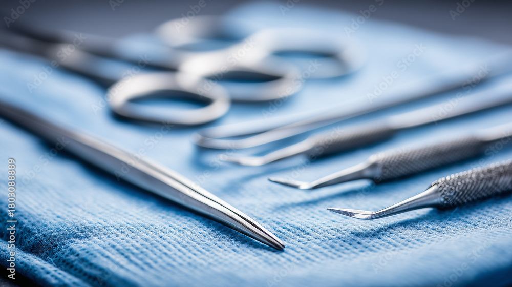 Fototapeta premium Scalpel and Surgical Instruments on Blue Cloth