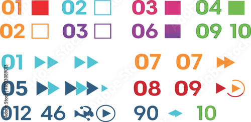 Collection of colourful numbered squares and forward arrow icons on a white background, representing digital navigation and organization