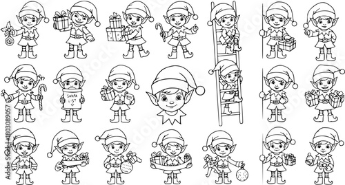 Cute Christmas Elves Line Art Collection. Santa's Helpers with Gifts, Candy Canes, and Ornaments. Black and White Cartoon for Coloring Books or Holiday Designs.