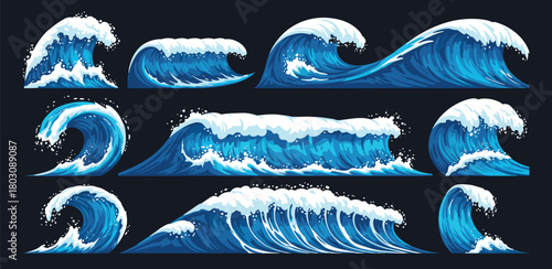 Collection of stylized illustrations depicting dynamic ocean waves crashing against the shore in various forms and sizes
