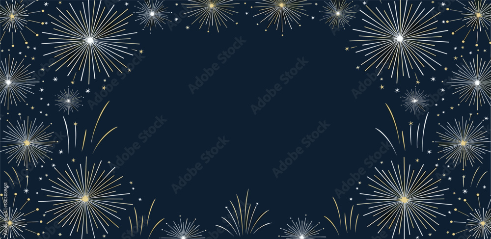 Naklejka premium A celebratory border of stylized gold and white fireworks bursting against a dark blue night sky, an ideal background for festive events