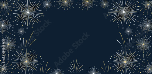 A celebratory border of stylized gold and white fireworks bursting against a dark blue night sky, an ideal background for festive events