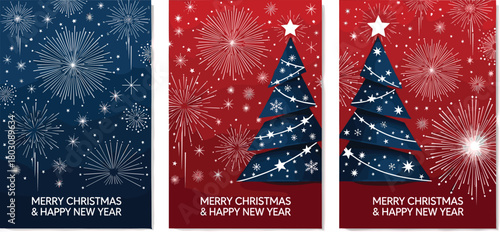 Festive fireworks and a decorated Christmas tree illuminate a red and blue holiday card, conveying wishes for a Merry Christmas and Happy New Year