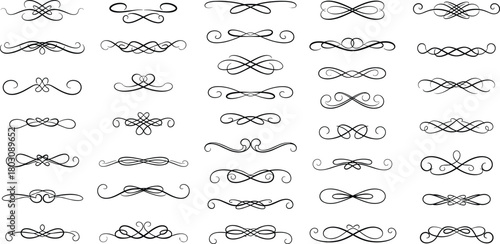 Versatile collection of elegant black calligraphic swirls, ornate flourish dividers, and vintage scroll borders, perfect for graphic design projects, invitations, and document embellishments