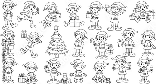 Cute Cartoon Christmas Elves Line Art Collection with Gifts  Tree