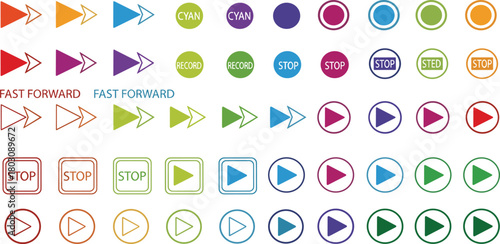 A versatile collection of colorful vector media player control icons, including play, stop, fast forward, and pause buttons for web and app user interface design