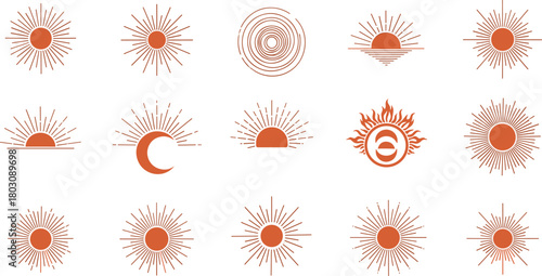 Mystical celestial symbols featuring minimalist sunbursts, sunrise, and moon icons for bohemian logo design and spiritual branding