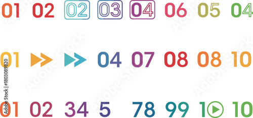 Vibrant collection of digital numbers and media control arrows, featuring diverse graphic styles for modern user interface design and sequential data visualization