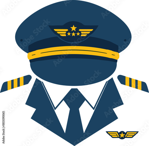 Airline pilot uniform with navy cap, suit, epaulets, and wing insignia symbolizing aviation authority and professionalism