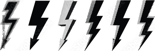 A dynamic set of six distinct black and white lightning bolt icons, illustrating concepts of energy, power, and electricity