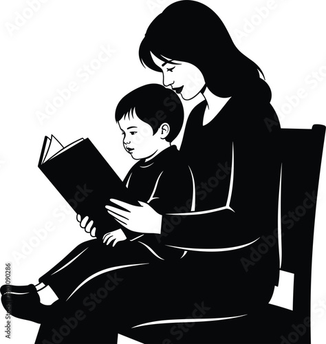 Black and white illustration of a loving mother reading a storybook to her son, who is sitting on her lap, depicting family bonding.